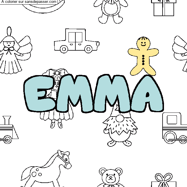 Coloriage Coloriage pr&eacute;nom EMMA - d&eacute;cor Jouets par un invit&eacute;