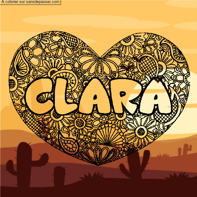 Coloriage pr&eacute;nom CLARA - d&eacute;cor Mandala coeur par un invit&eacute;