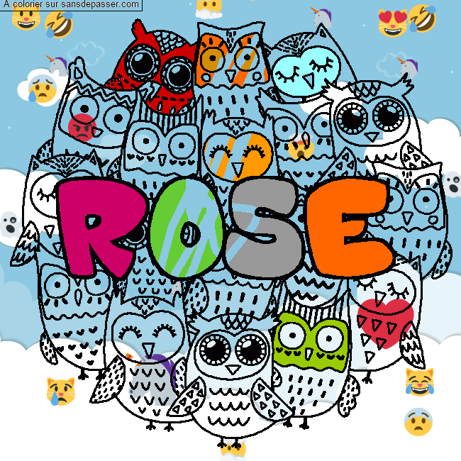 Coloriage prénom ROSE - décor Chouettes par un invité