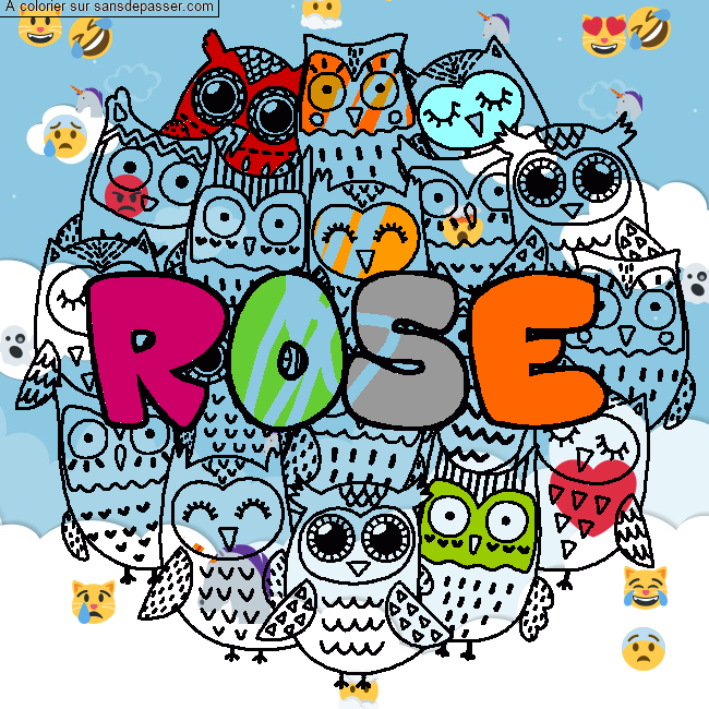 Coloriage pr&eacute;nom ROSE - d&eacute;cor Chouettes par un invit&eacute;