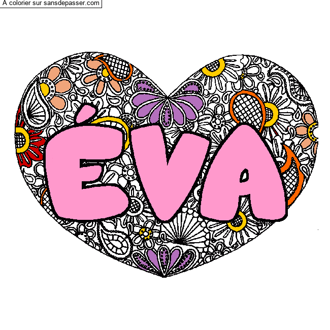 Coloriage pr&eacute;nom &Eacute;VA - d&eacute;cor Mandala coeur par un invit&eacute;