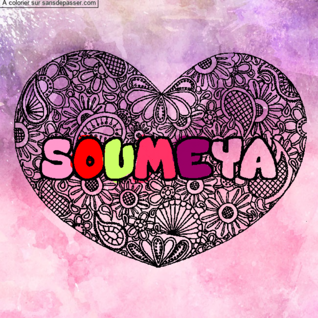Coloriage pr&eacute;nom SOUMEYA - d&eacute;cor Mandala coeur par un invit&eacute;