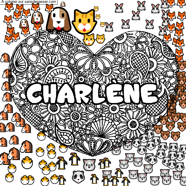 Coloriage pr&eacute;nom CHARL&Egrave;NE - d&eacute;cor Mandala coeur par un invit&eacute;