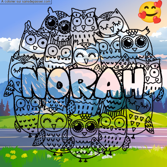 Coloriage pr&eacute;nom NORAH - d&eacute;cor Chouettes par un invit&eacute;