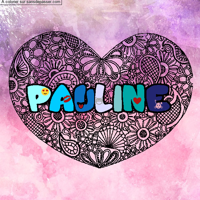 Coloriage pr&eacute;nom PAULINE - d&eacute;cor Mandala coeur par un invit&eacute;