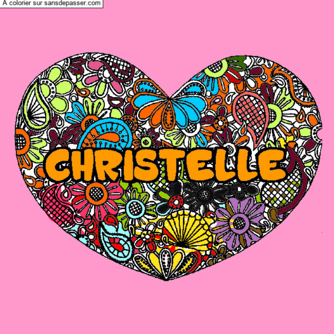 Coloriage pr&eacute;nom CHRISTELLE - d&eacute;cor Mandala coeur par un invit&eacute;