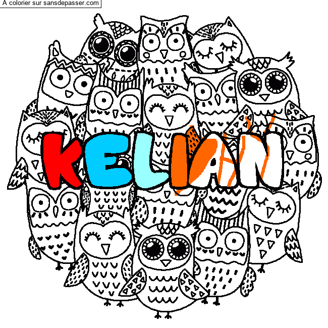 Coloriage pr&eacute;nom KELIAN - d&eacute;cor Chouettes par un invit&eacute;