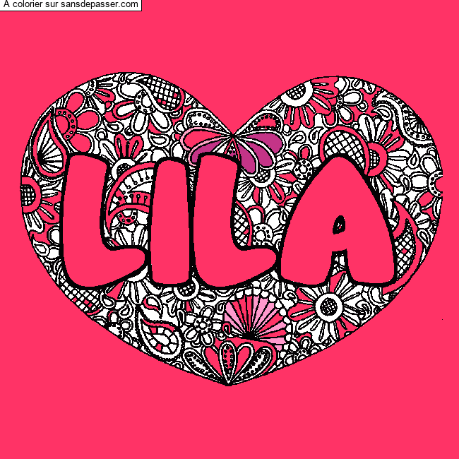 Coloriage pr&eacute;nom LILA - d&eacute;cor Mandala coeur par un invit&eacute;
