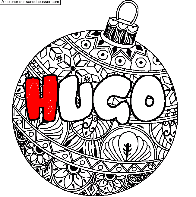 Coloriage pr&eacute;nom HUGO - d&eacute;cor Boule de No&euml;l par un invit&eacute;