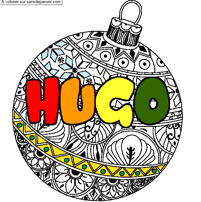 Coloriage pr&eacute;nom HUGO - d&eacute;cor Boule de No&euml;l par un invit&eacute;