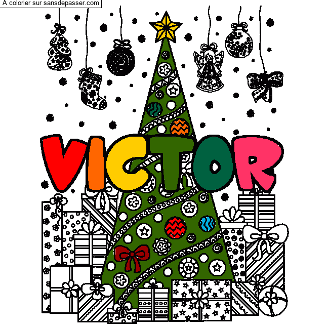 Coloriage pr&eacute;nom VICTOR - d&eacute;cor Sapin et Cadeaux par un invit&eacute;