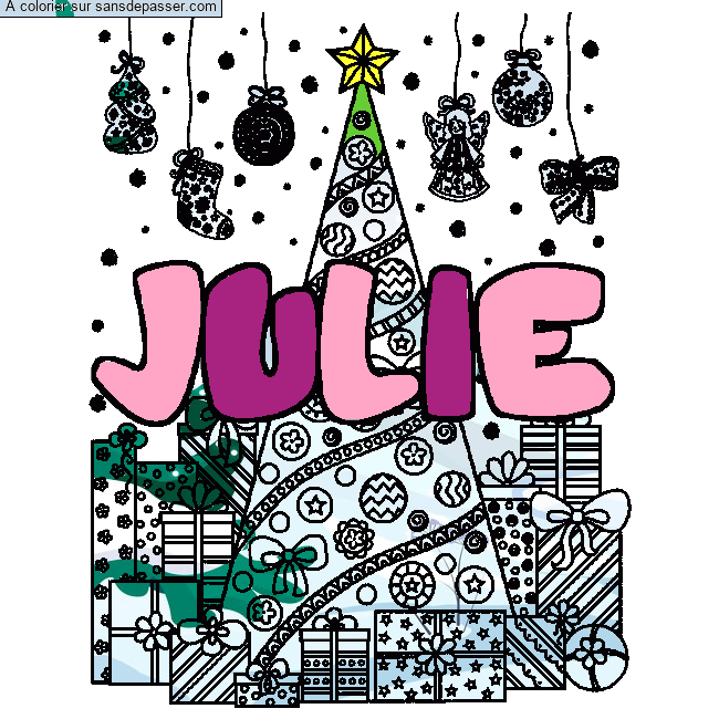Coloriage pr&eacute;nom JULIE - d&eacute;cor Sapin et Cadeaux par un invit&eacute;