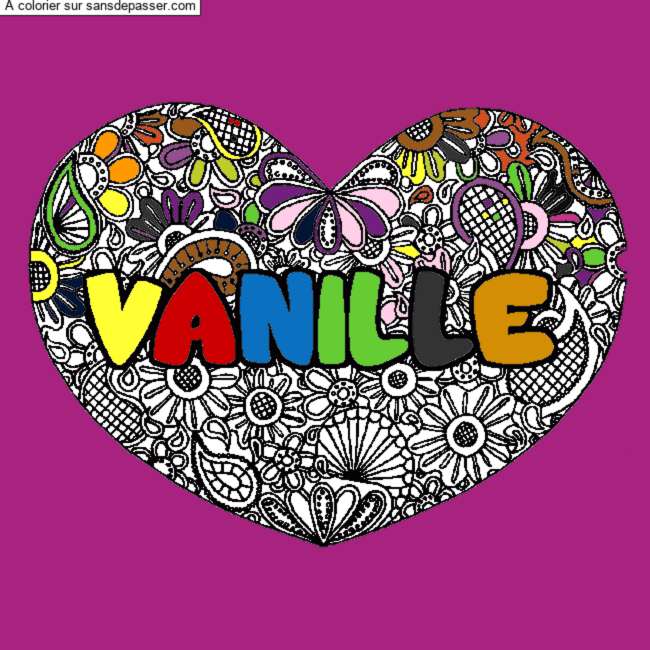 Coloriage pr&eacute;nom VANILLE - d&eacute;cor Mandala coeur par un invit&eacute;