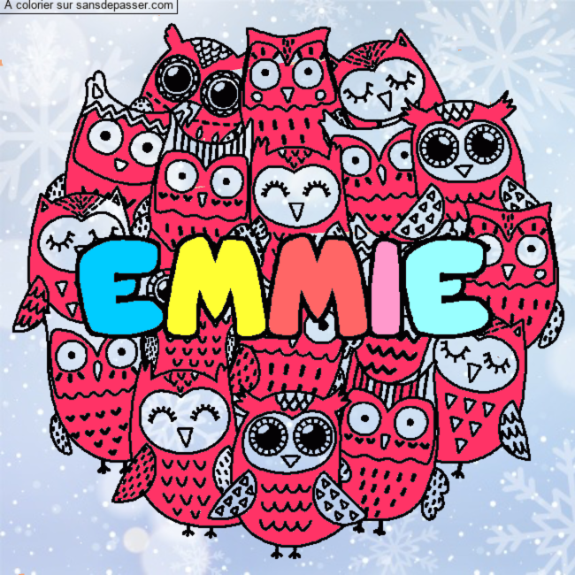 Coloriage pr&eacute;nom EMMIE - d&eacute;cor Chouettes par un invit&eacute;