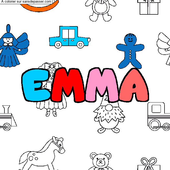 Coloriage Coloriage pr&eacute;nom EMMA - d&eacute;cor Jouets par LEANA
