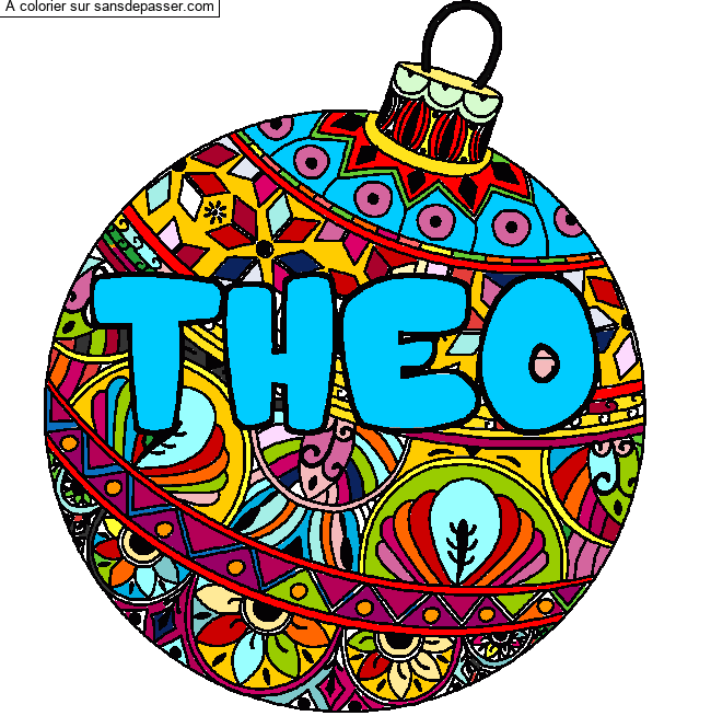 Coloriage pr&eacute;nom THEO - d&eacute;cor Boule de No&euml;l par un invit&eacute;