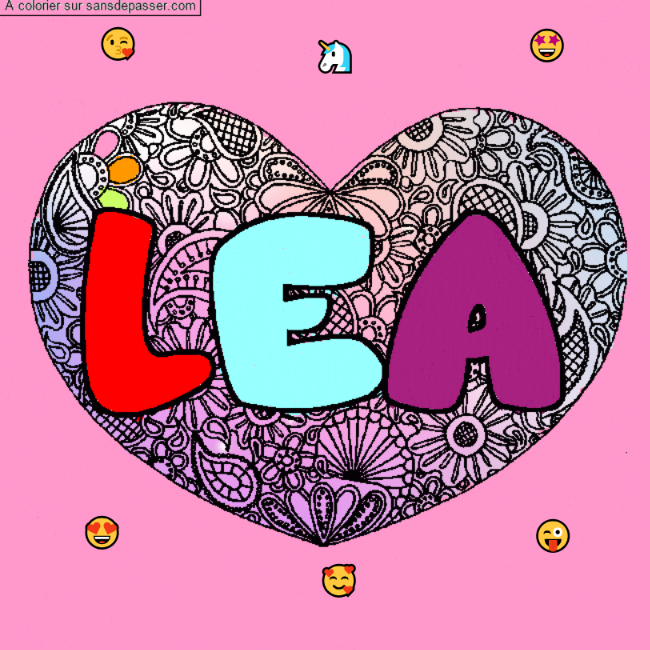 Coloriage pr&eacute;nom LEA - d&eacute;cor Mandala coeur par un invit&eacute;
