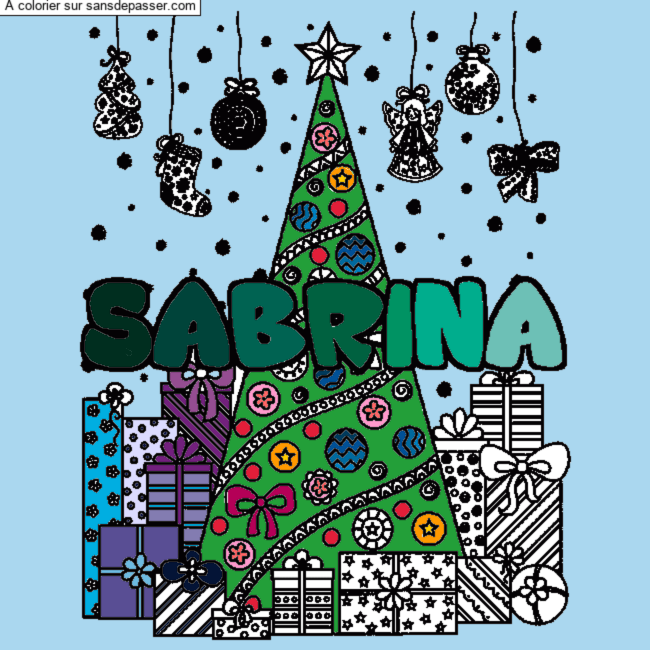 Coloriage Coloriage pr&eacute;nom SABRINA - d&eacute;cor Sapin et Cadeaux par un invité