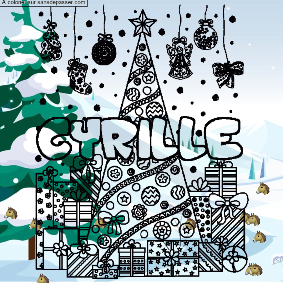 Coloriage Coloriage pr&eacute;nom CYRILLE - d&eacute;cor Sapin et Cadeaux par un invit&eacute;