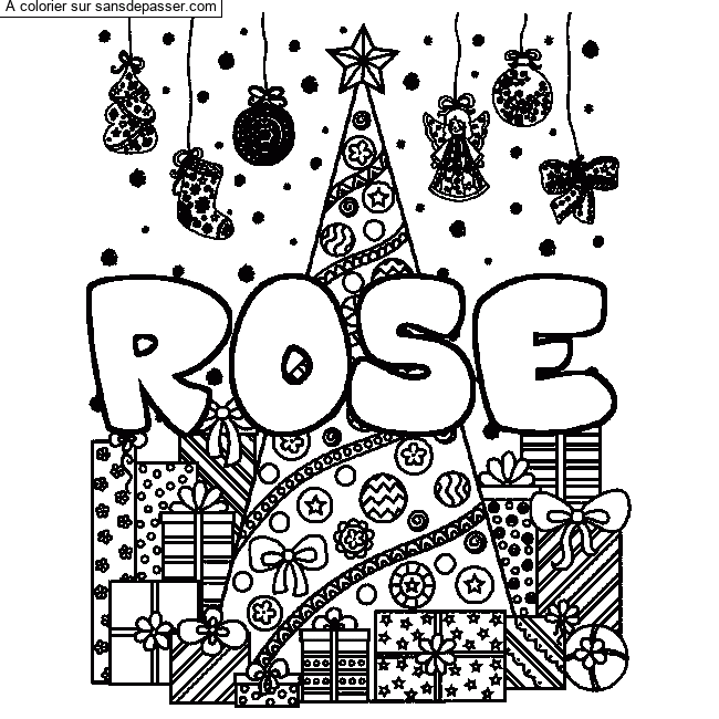 Coloriage Coloriage pr&eacute;nom ROSE - d&eacute;cor Sapin et Cadeaux par un invité
