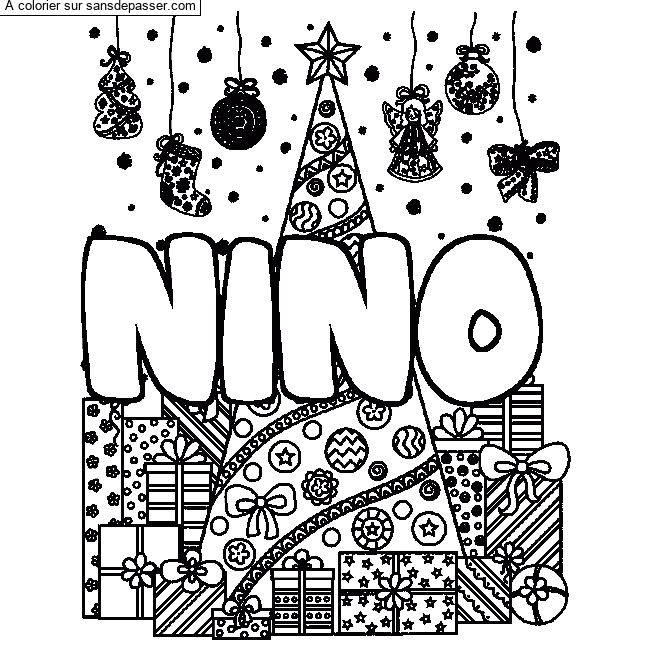 Coloriage Coloriage pr&eacute;nom NINO - d&eacute;cor Sapin et Cadeaux par un invité