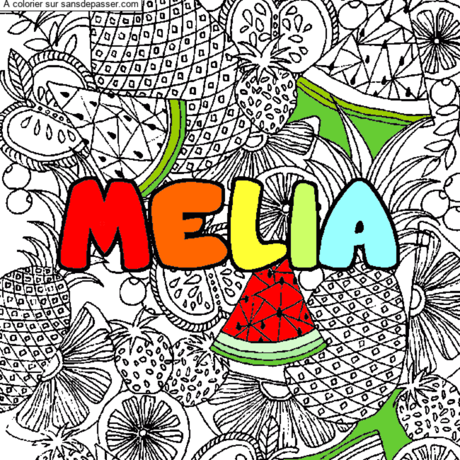Coloriage Coloriage pr&eacute;nom MELIA - d&eacute;cor Mandala fruits par un invité