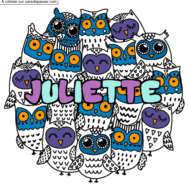 Coloriage Coloriage pr&eacute;nom JULIETTE - d&eacute;cor Chouettes par un invit&eacute;
