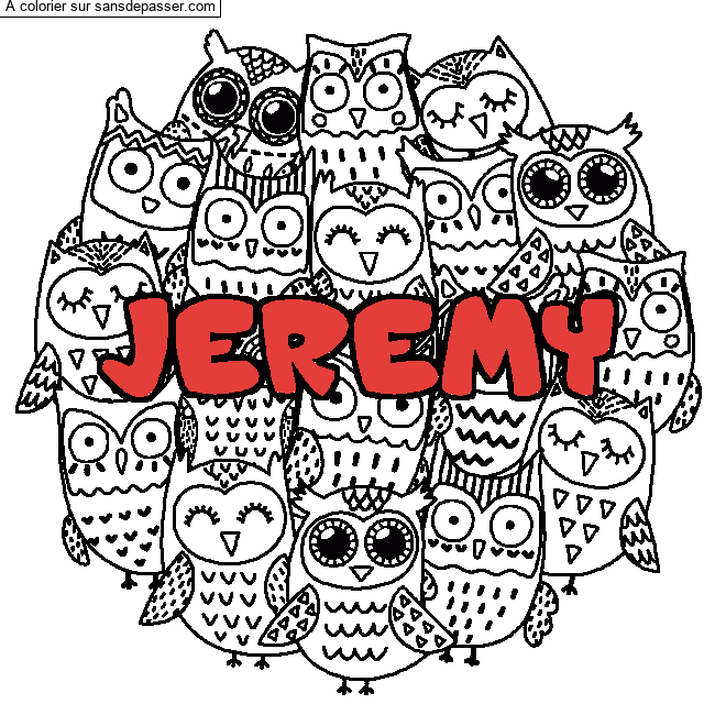 Coloriage Coloriage pr&eacute;nom JEREMY - d&eacute;cor Chouettes par un invit&eacute;