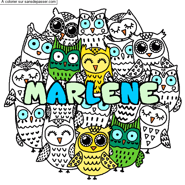 Coloriage Coloriage pr&eacute;nom MARL&Egrave;NE - d&eacute;cor Chouettes par un invit&eacute;