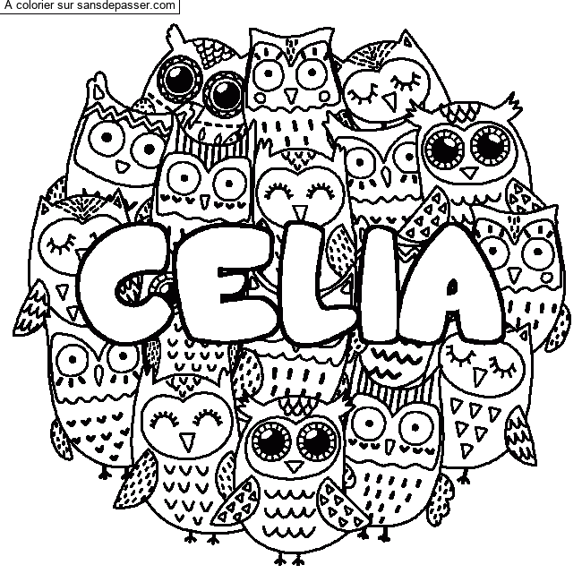 Coloriage Coloriage pr&eacute;nom CELIA - d&eacute;cor Chouettes par un invit&eacute;