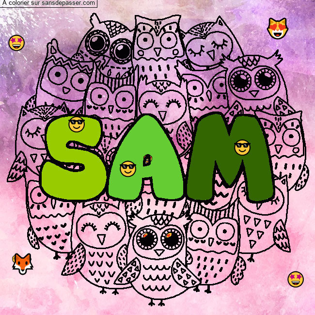 Coloriage pr&eacute;nom SAM - d&eacute;cor Chouettes par un invit&eacute;
