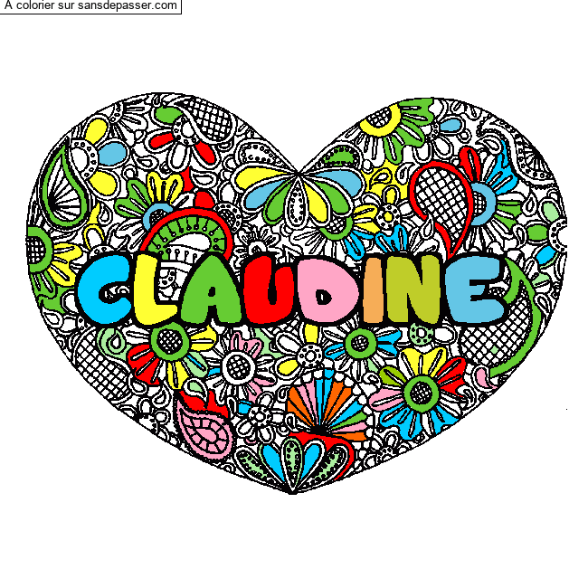 Coloriage pr&eacute;nom CLAUDINE - d&eacute;cor Mandala coeur par un invit&eacute;