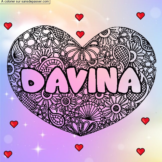 Coloriage pr&eacute;nom DAVINA - d&eacute;cor Mandala coeur par un invit&eacute;