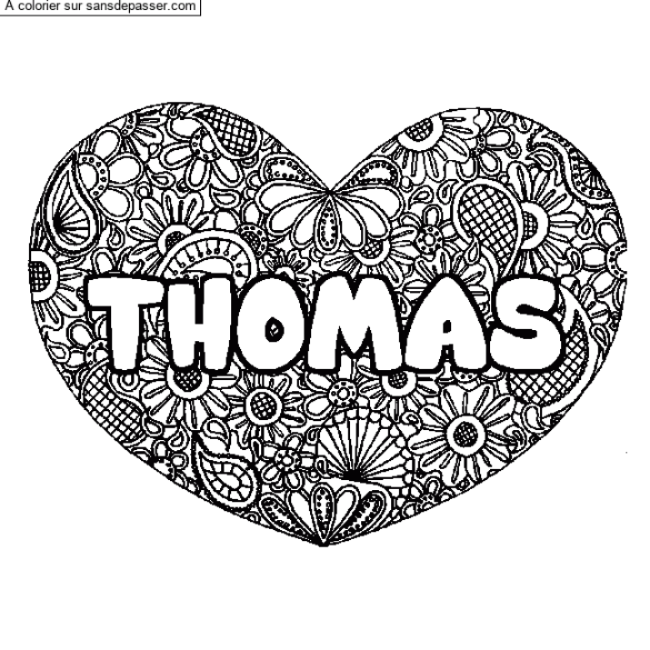 Coloriage pr&eacute;nom THOMAS - d&eacute;cor Mandala coeur par un invit&eacute;
