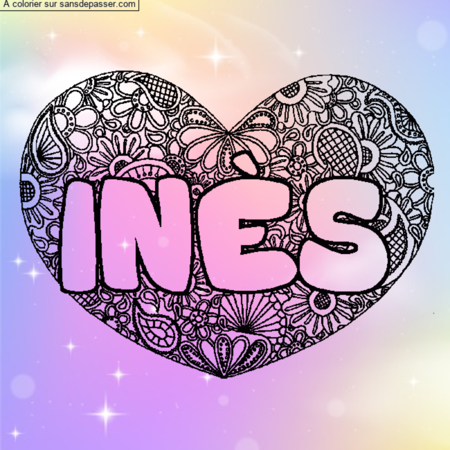 Coloriage pr&eacute;nom IN&Egrave;S - d&eacute;cor Mandala coeur par 🩷🩷