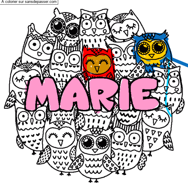 Coloriage pr&eacute;nom MARIE - d&eacute;cor Chouettes par un invit&eacute;
