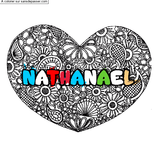 Coloriage pr&eacute;nom NATHANAEL - d&eacute;cor Mandala coeur par un invit&eacute;