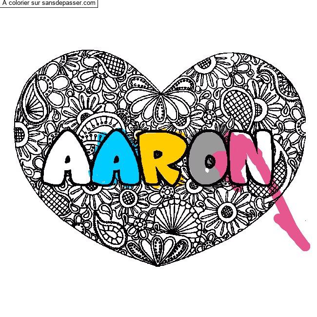 Coloriage pr&eacute;nom AARON - d&eacute;cor Mandala coeur par un invit&eacute;