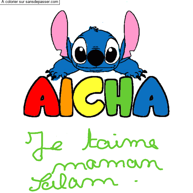 Coloriage pr&eacute;nom AICHA - d&eacute;cor Stitch par un invit&eacute;