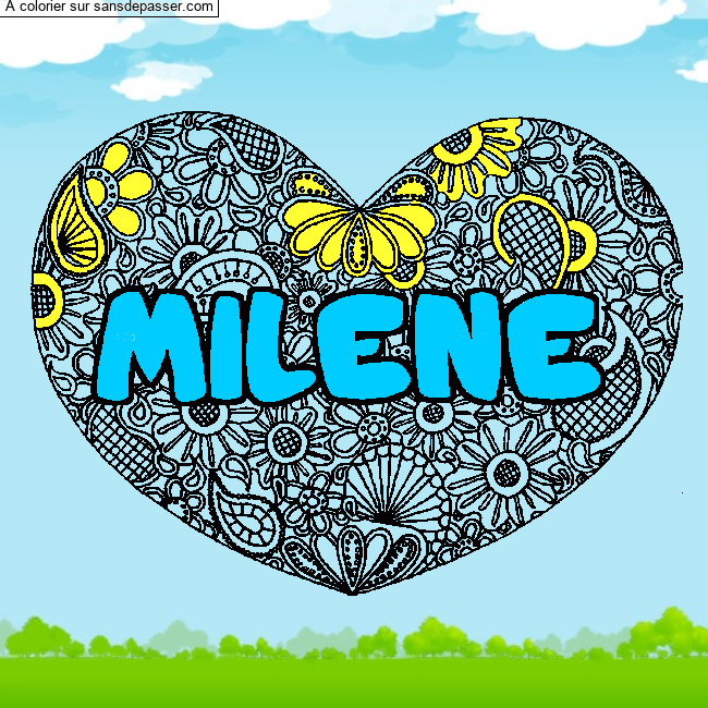Coloriage pr&eacute;nom MILENE - d&eacute;cor Mandala coeur par un invit&eacute;