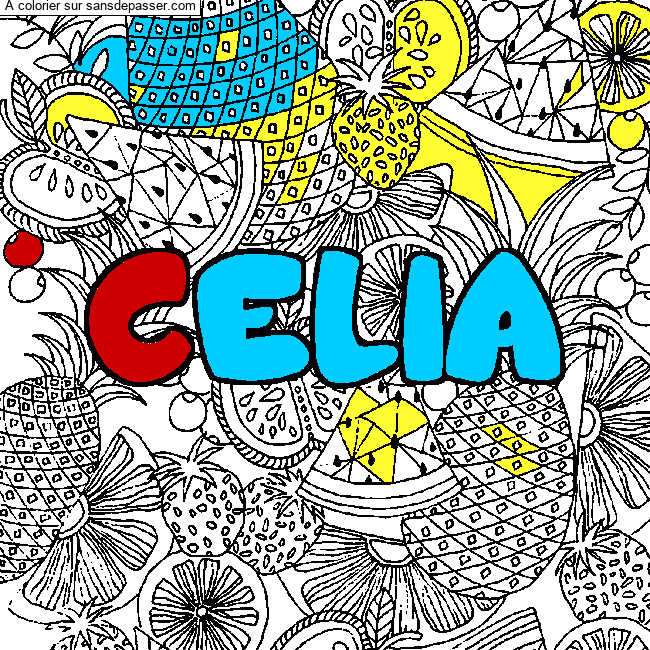 Coloriage pr&eacute;nom CELIA - d&eacute;cor Mandala fruits par un invit&eacute;