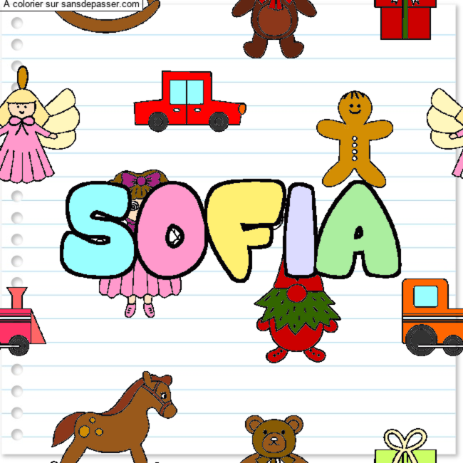 Coloriage pr&eacute;nom SOFIA - d&eacute;cor Jouets par un invit&eacute;