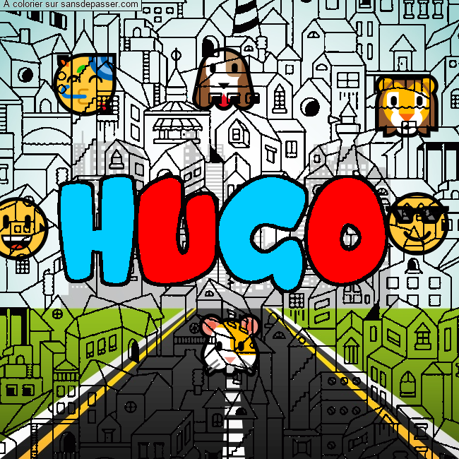 Coloriage pr&eacute;nom HUGO - d&eacute;cor Ville par un invit&eacute;