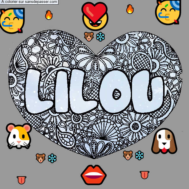 Coloriage pr&eacute;nom LILOU - d&eacute;cor Mandala coeur par un invit&eacute;
