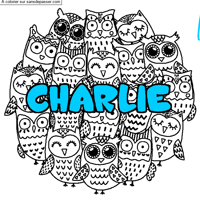 Coloriage pr&eacute;nom CHARLIE - d&eacute;cor Chouettes par un invit&eacute;