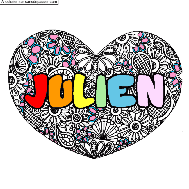Coloriage pr&eacute;nom JULIEN - d&eacute;cor Mandala coeur par un invit&eacute;