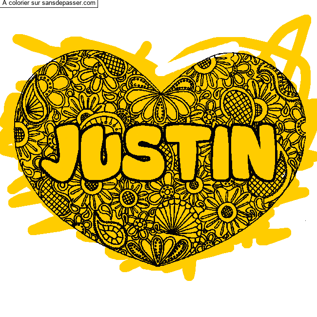 Coloriage Coloriage pr&eacute;nom JUSTIN - d&eacute;cor Mandala coeur par un invit&eacute;