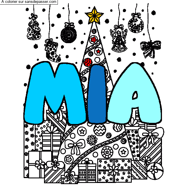 Coloriage pr&eacute;nom MIA - d&eacute;cor Sapin et Cadeaux par un invit&eacute;