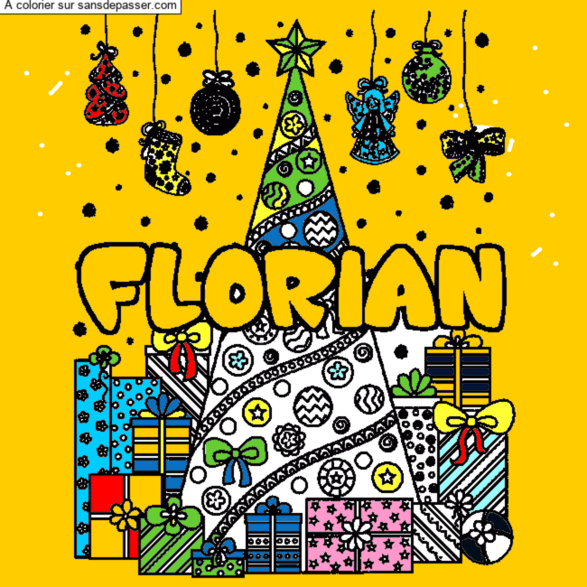 Coloriage pr&eacute;nom FLORIAN - d&eacute;cor Sapin et Cadeaux par un invit&eacute;