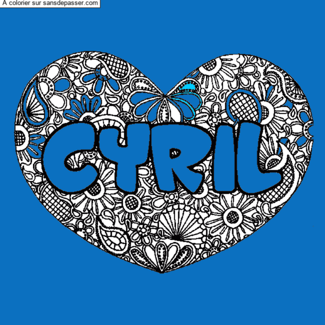 Coloriage pr&eacute;nom CYRIL - d&eacute;cor Mandala coeur par un invit&eacute;
